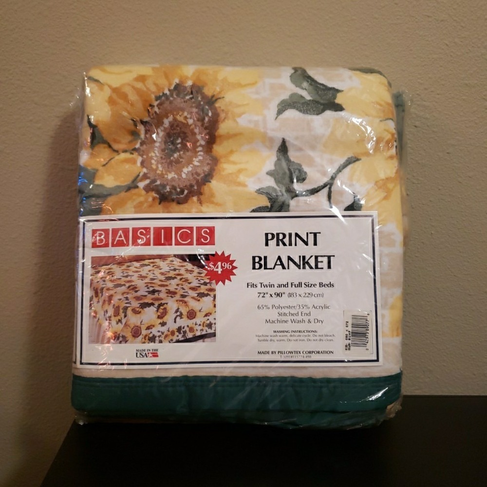 New Vtg Old Basics Sunflowers Print Blanket Twin To Full Size‎ 72 X 90"